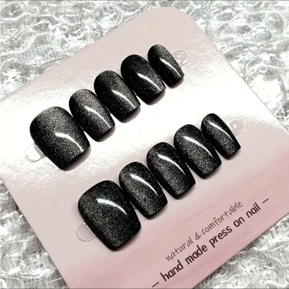 Black Glitter Jelly Press-On Nails Reusable 10 pc Medium Short NWT